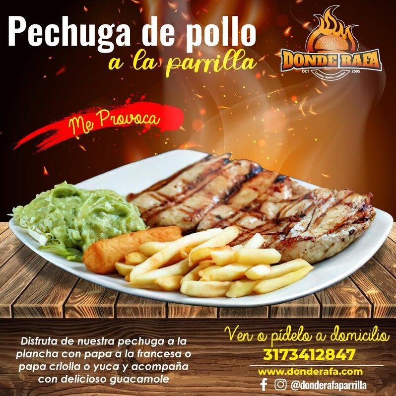 Pieza final de la pechuga de pollo a la parrilla con logo, descripción y teléfono