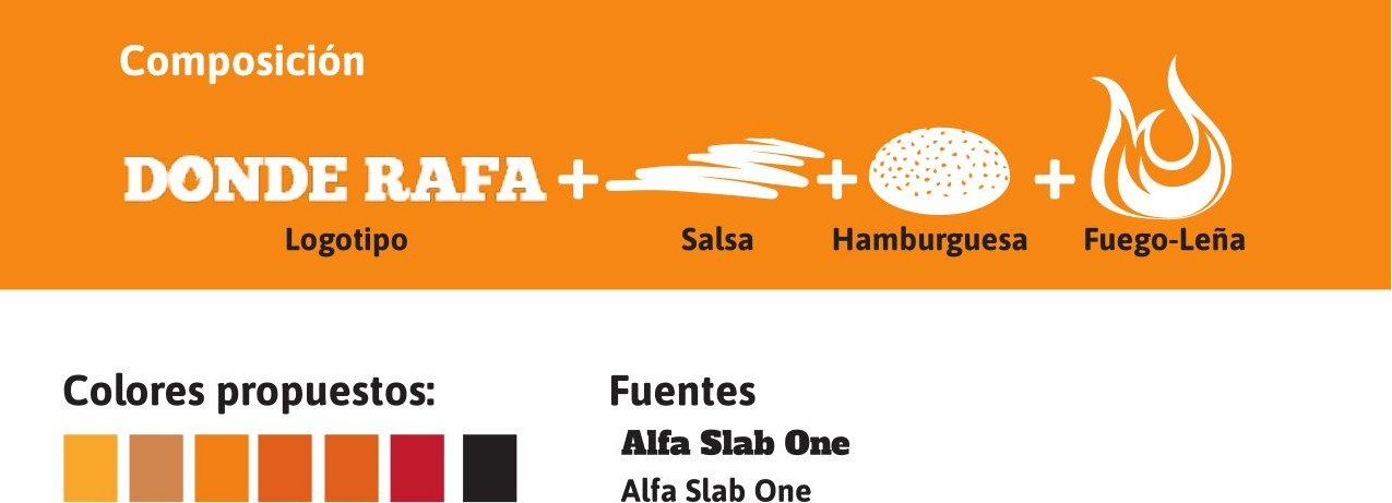 Lámina del manual: logotipo más salsa más hamburguesa más fuego-leña, colores propuestos y fuente Alfa Slab One