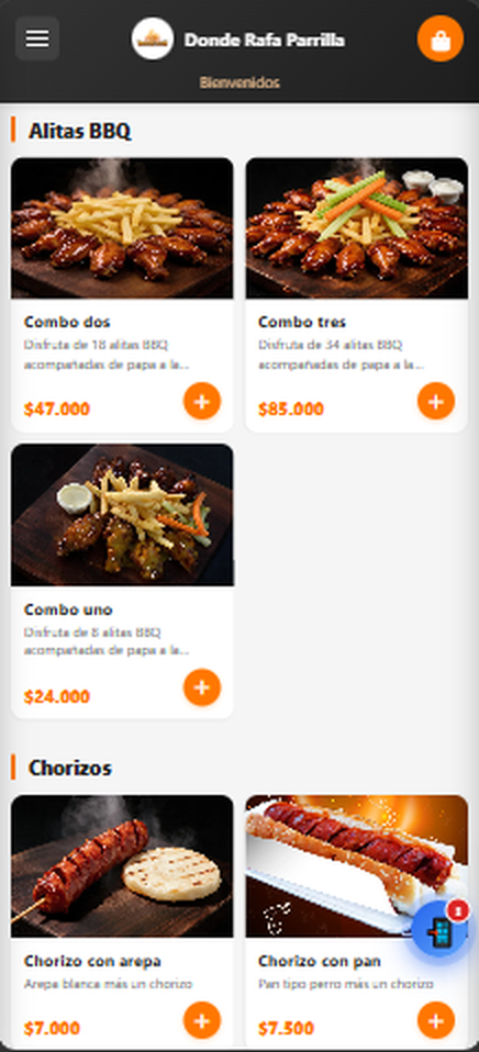 Página de pedidos de Donde Rafa en el celular: alitas BBQ y chorizos con foto, precio y botón para agregar al carrito