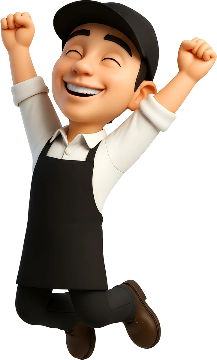 Versión actual del personaje en 3D, saltando de alegría con gorra y delantal negros