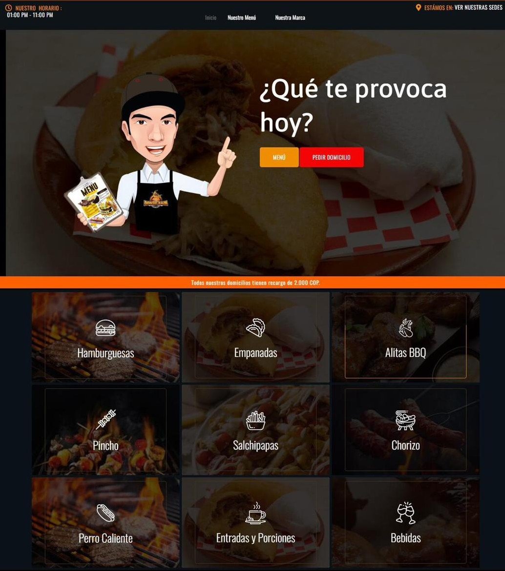 Página de inicio nueva: fondo oscuro, personaje, botones de menú y pedir domicilio, nueve categorías