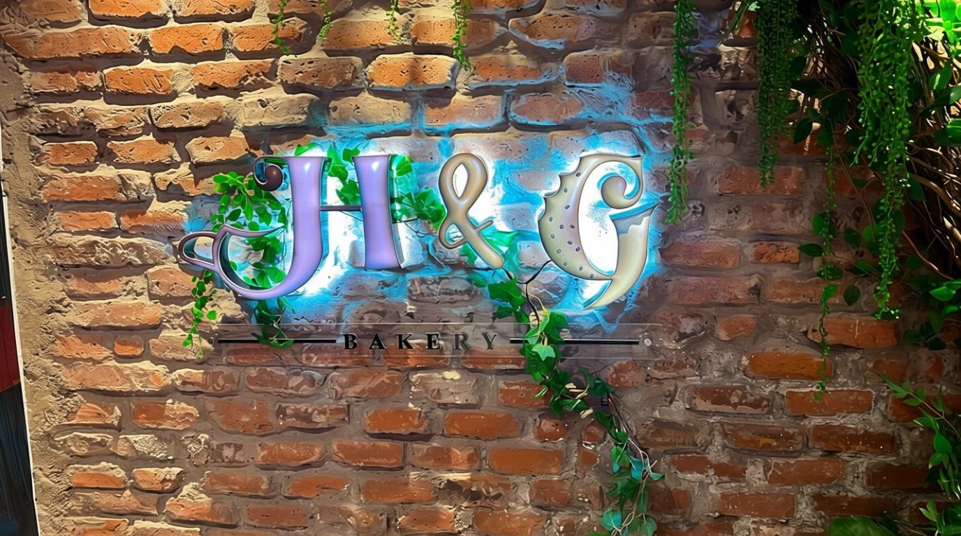 Logo H&G Bakery iluminado sobre una pared de ladrillo con plantas en el local de Hansel & Grettel