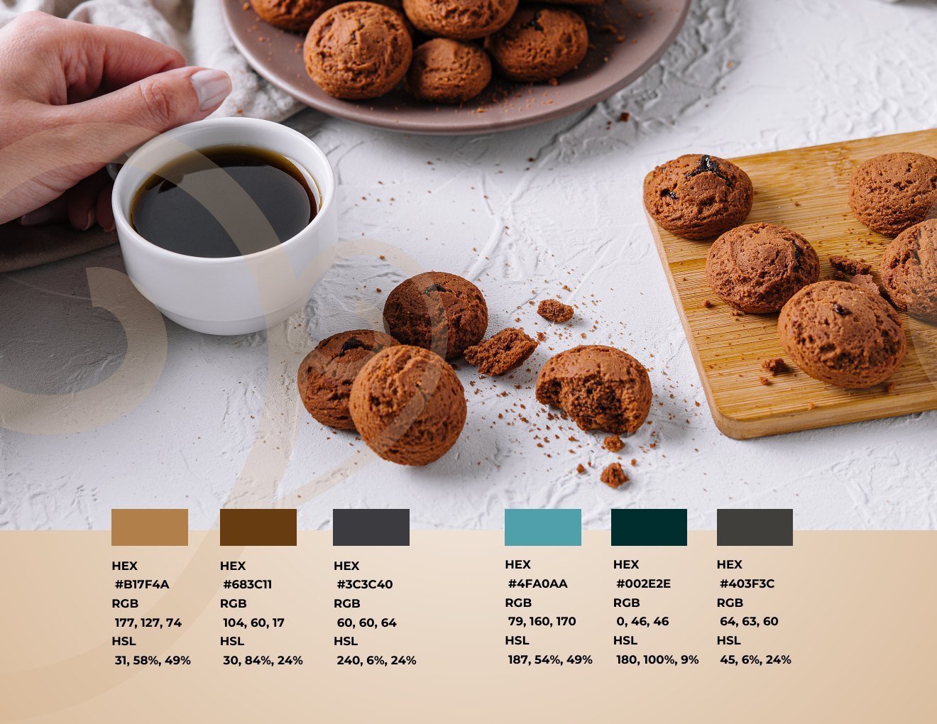 Página de colores corporativos con fotografía de galletas y café