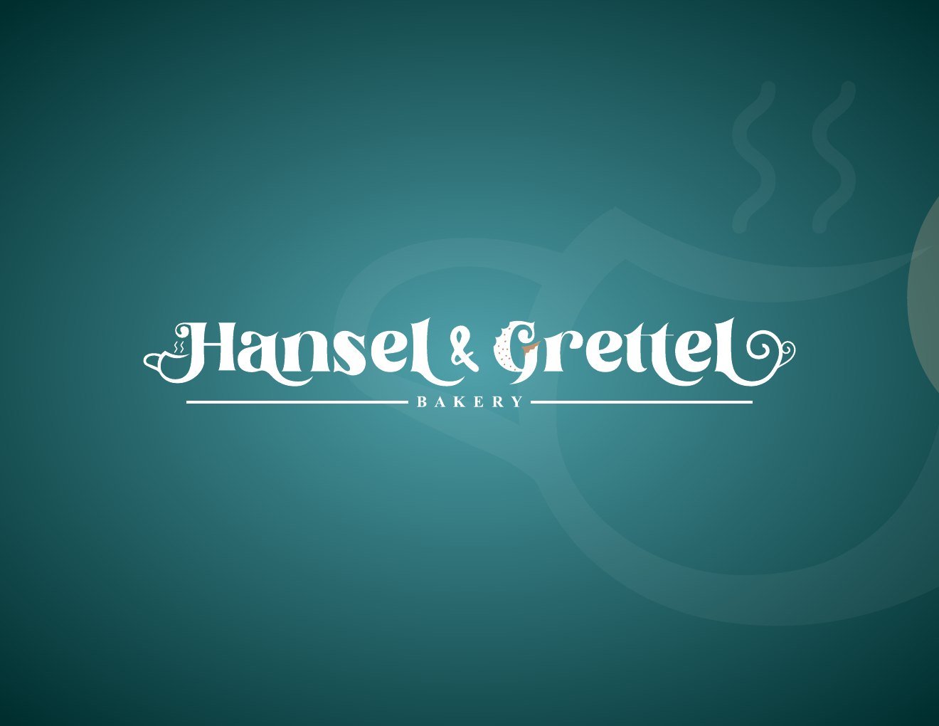Logotipo Hansel & Grettel Bakery en blanco sobre fondo verde azulado