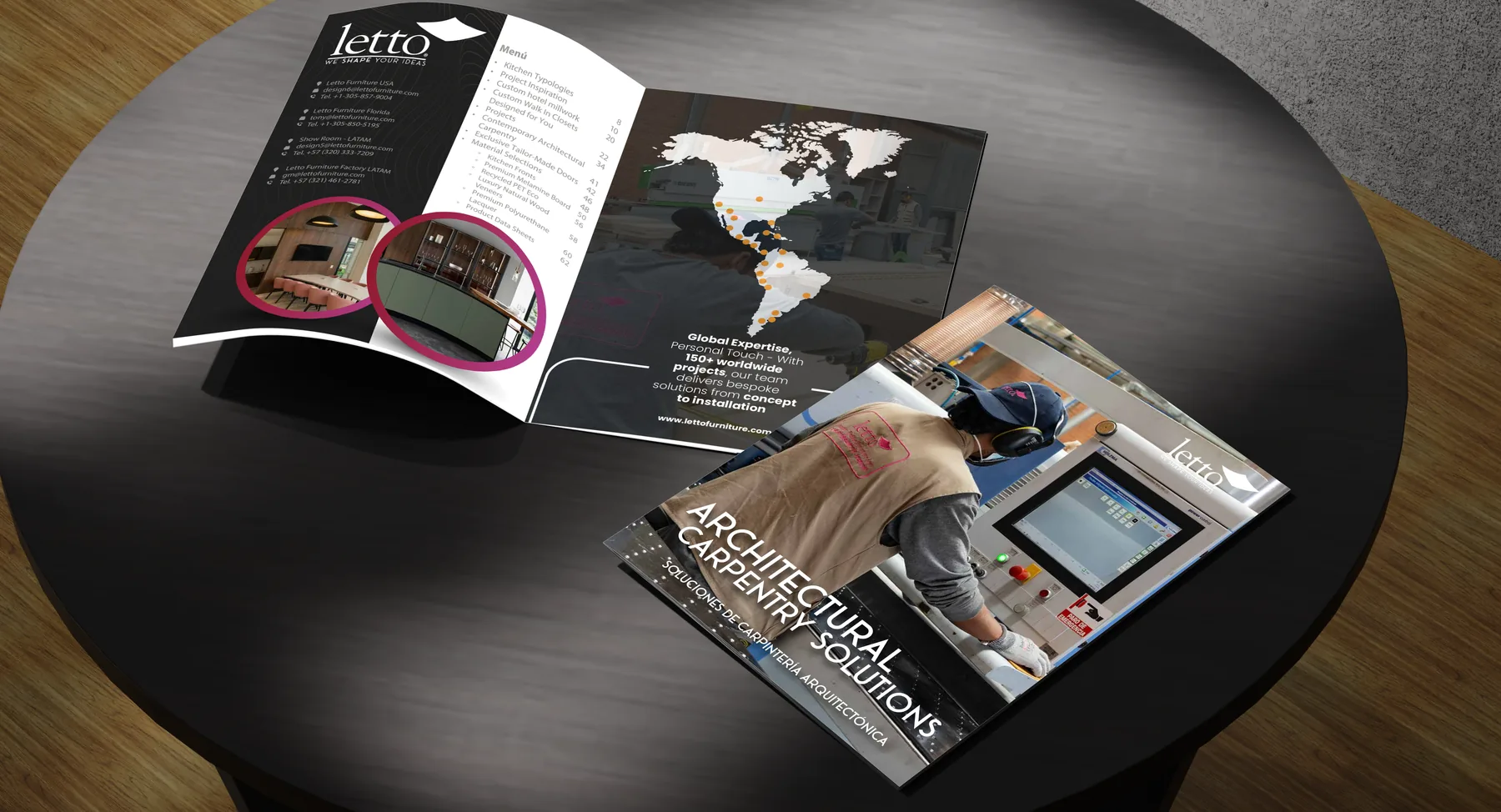 Revista Architectural Carpentry Solutions de Letto: portada y pliego con índice y mapa de proyectos