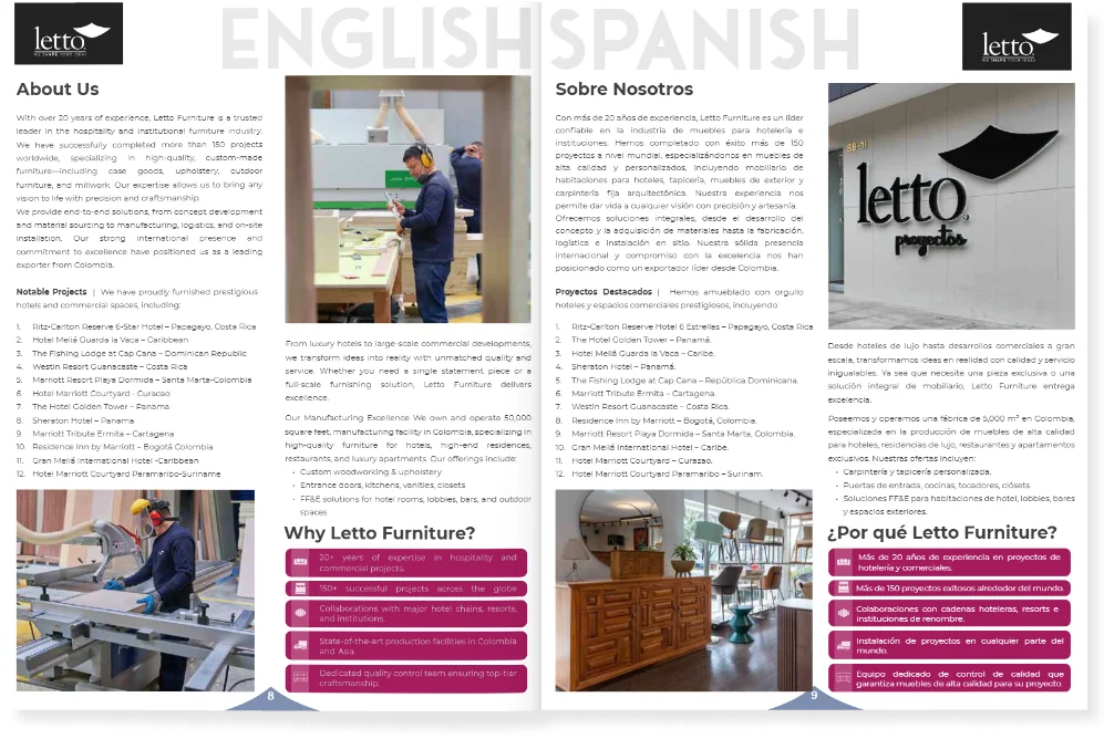 Pliego About Us / Sobre Nosotros con la misma información en inglés y español