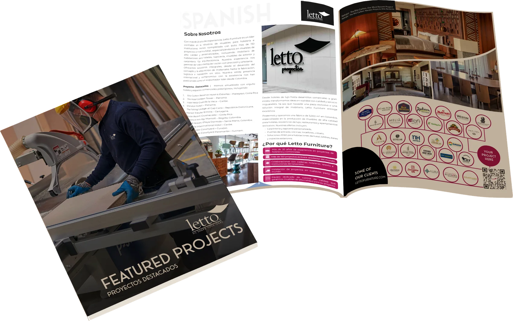 Revista Featured Projects de Letto Furniture: portada y pliego interior con clientes hoteleros