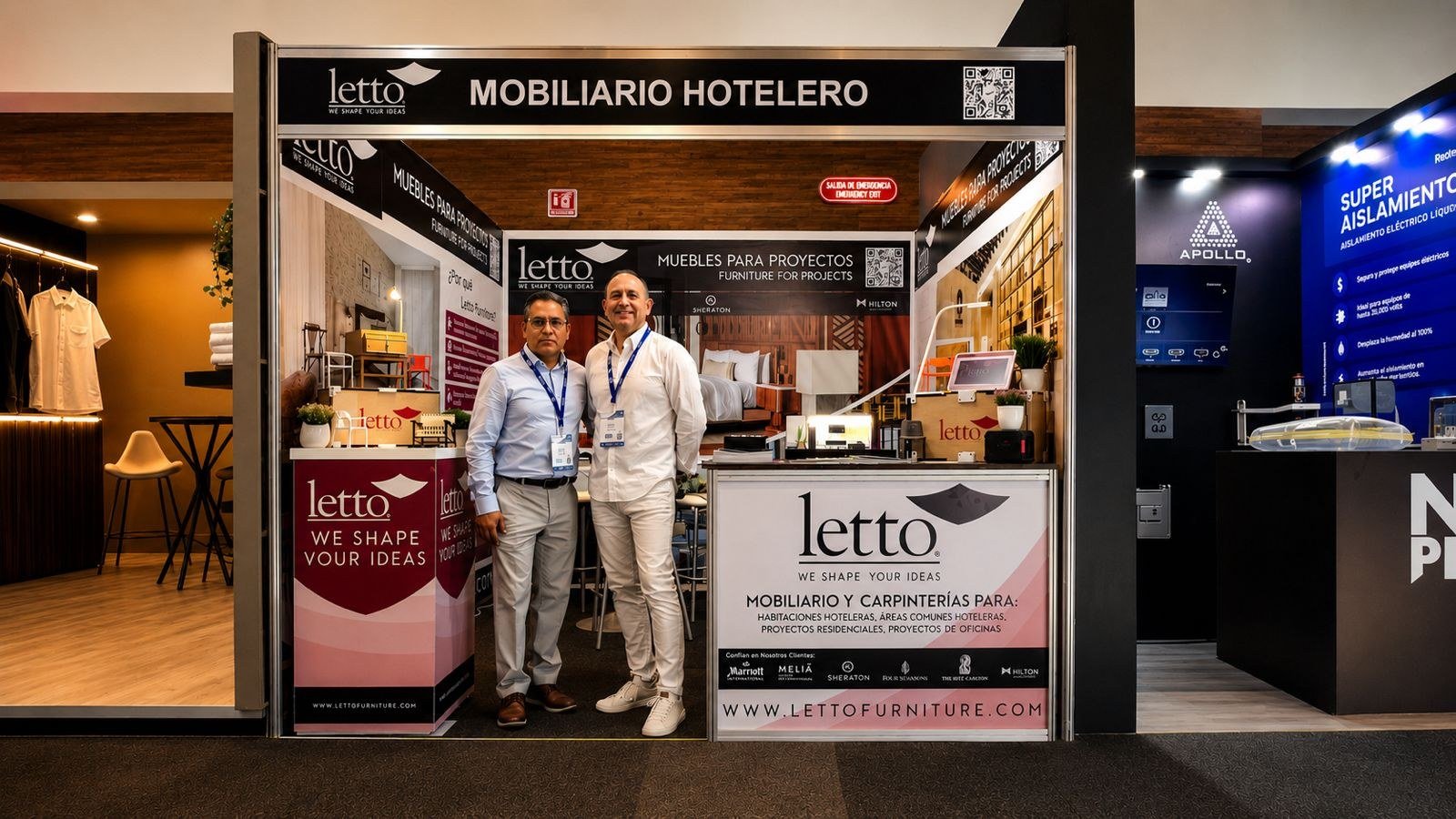 Stand de Letto Furniture en feria: mobiliario hotelero, muebles para proyectos, con marcas como Marriott, Meliá, Sheraton, Four Seasons, Ritz-Carlton y Hilton