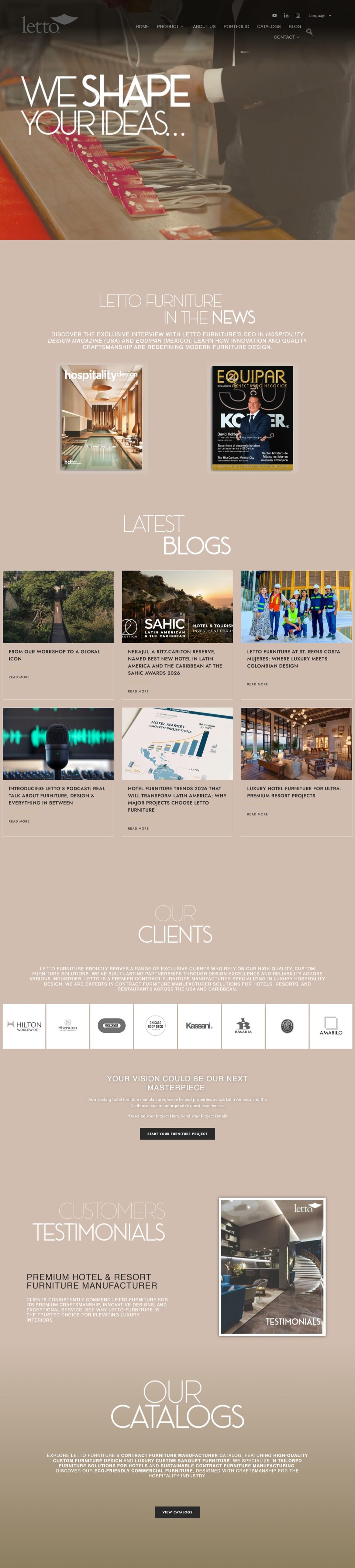 Página de inicio de Letto Furniture: We shape your ideas, prensa, blog, clientes, testimonios y catálogos